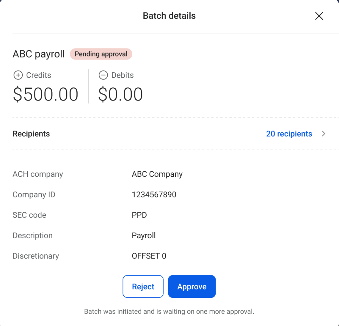 Image of the ACH approval screen design.