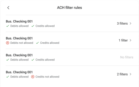 Screenshot of ACH filter rules.