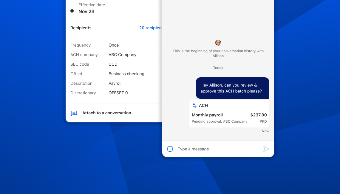Screenshot of the new 'Attach ACH batches to conversations' feature in action.