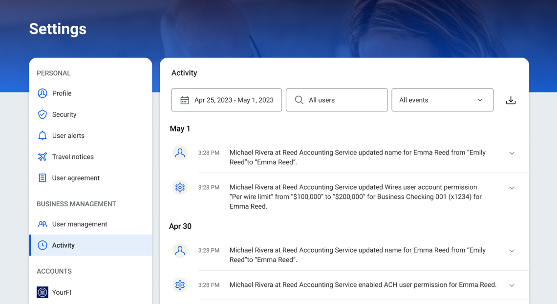 Screenshot of Banno Business banking management Activity screen.