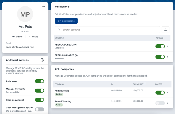 Screenshot of Banno Business user management permissions screen.