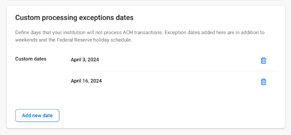 Business ACH Manage Non Processing Days feature.