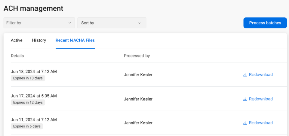 Screenshot of view to Retrieve copy of generated NACHA file in Banno People 