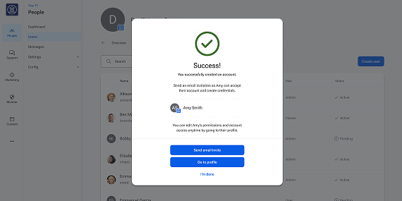 Screenshot of the success screen bank employees will see after creating, editing, and inviting business users in Banno People.