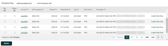 Screenshot of the newly available 'Create Filter Rule' feature for creating ACH exceptions in the Positive Pay widget.