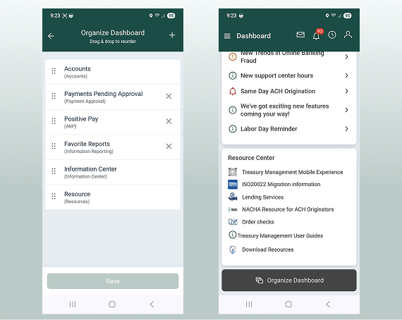 Screenshots of customizable Treasury Management dashboard.