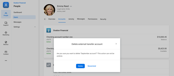 Picture of the 'delete external transfer account' confirmation screen.