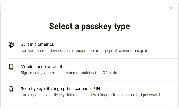 Image of updated 'Select a passkey type' screen.