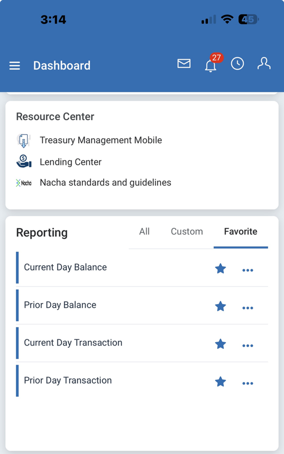 Screenshot of the Information Reporting widget in the works for the Treasury Mobile Experience.
