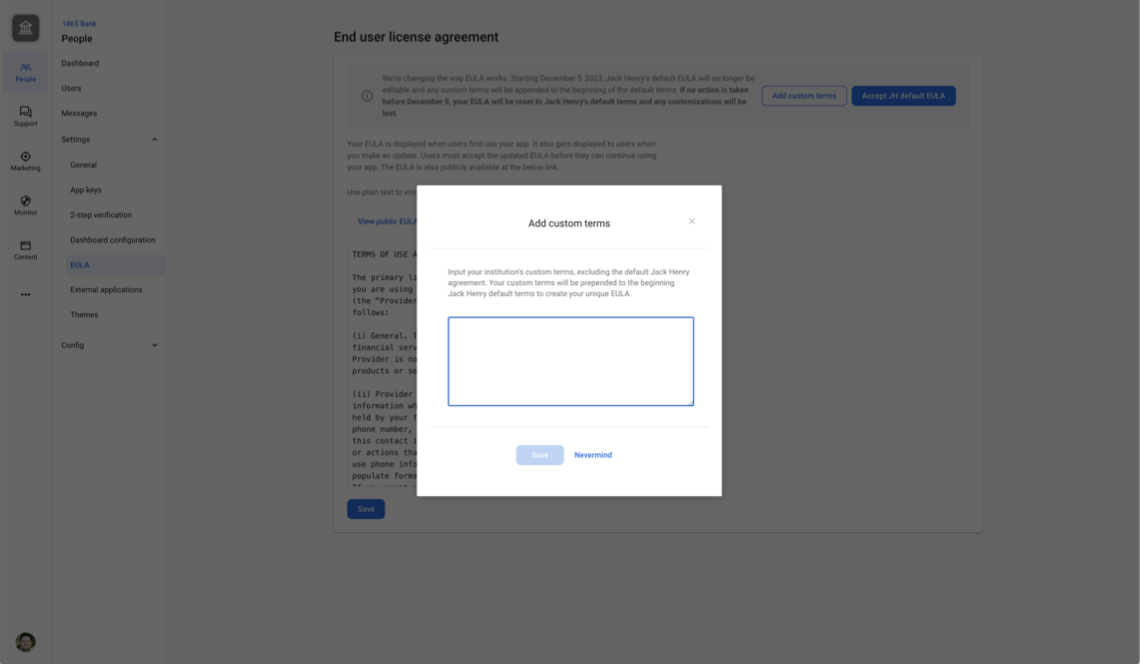 Screenshot of EULA screen in Banno People.