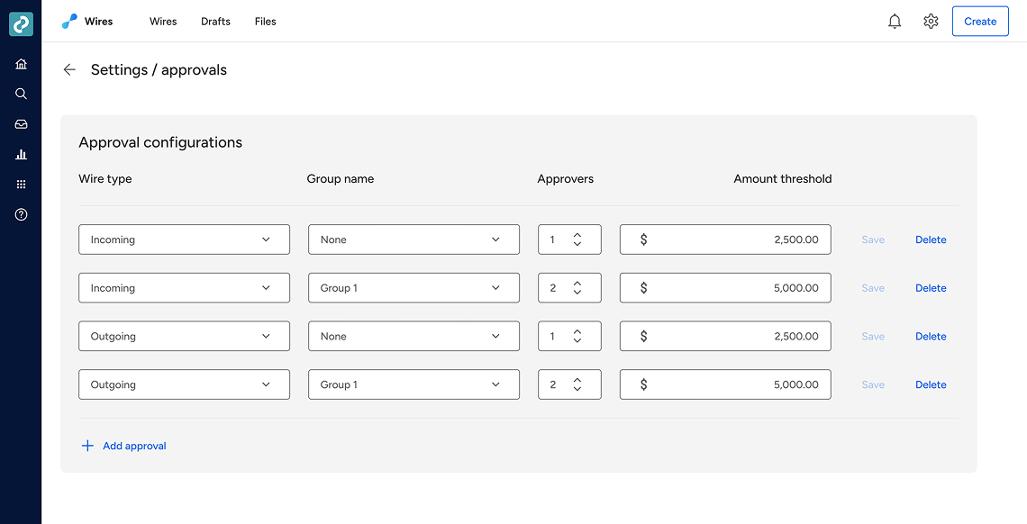 Screenshot of Jack Henry Wires approval configurations.