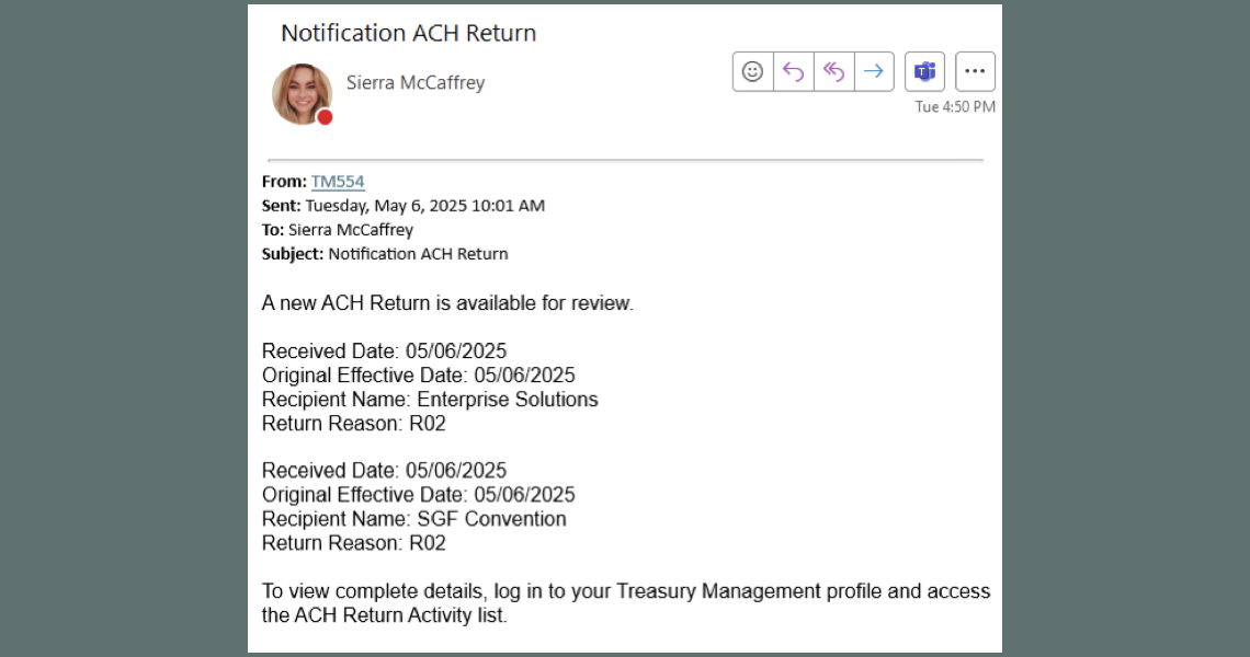 Screenshot of JHA Treasury Management ACH notification.