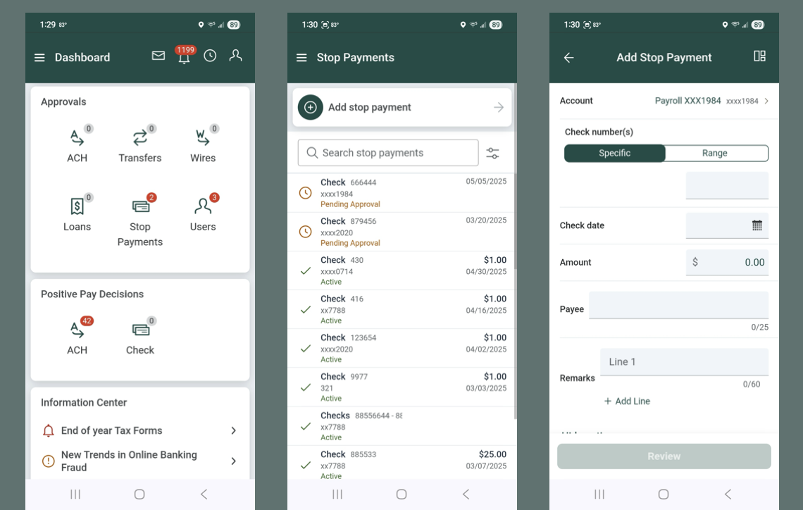 Screenshot of the JHA Treasury Management stop payments feature.