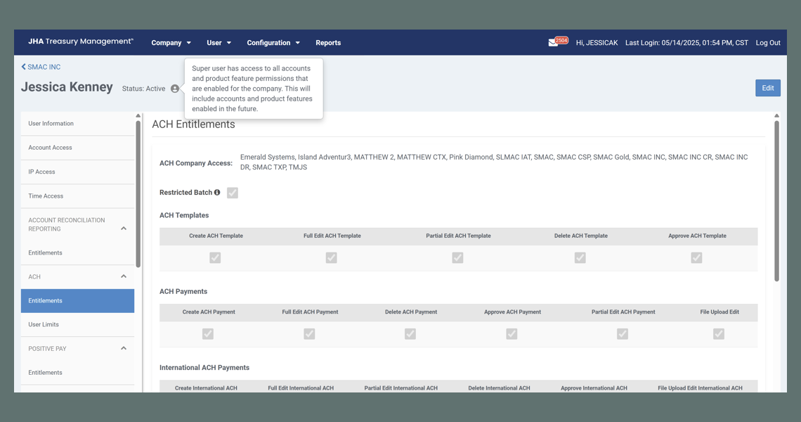 Screenshot of the JHA Treasury Management 'super-user view' feature.