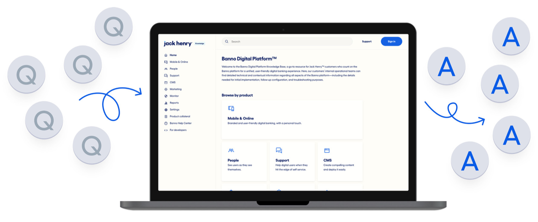 Graphic of computer open to the Jack Henry Digital Knowledge Base homepage.