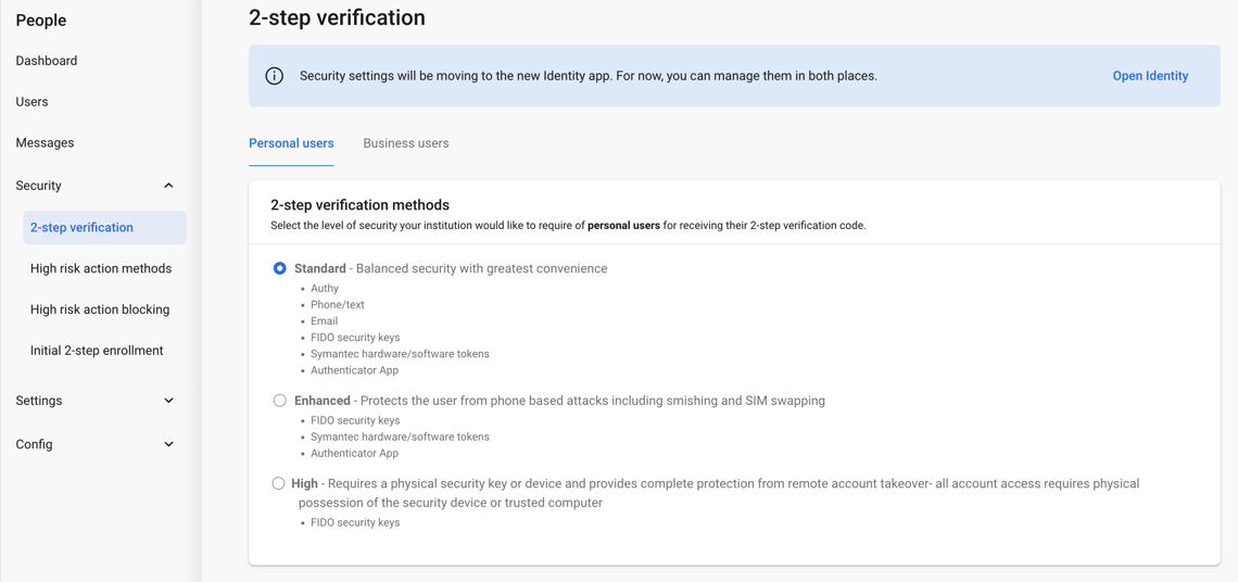 Screenshot of Enhanced Default 2FA methods in Banno People.
