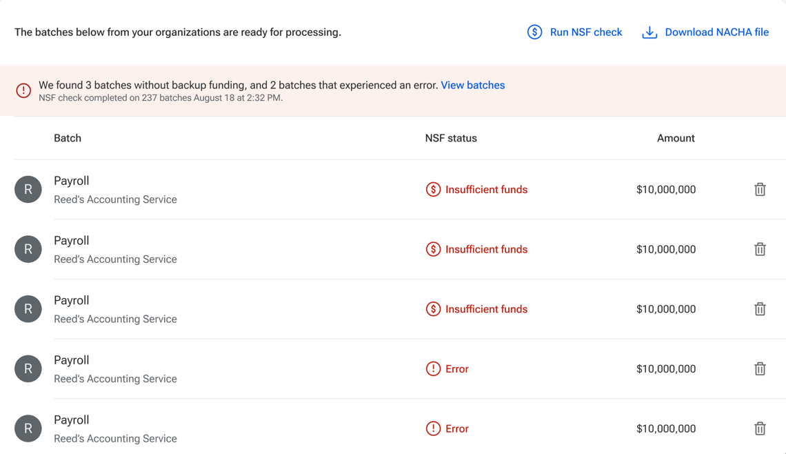 Screenshot of the ACH insufficient funds message.