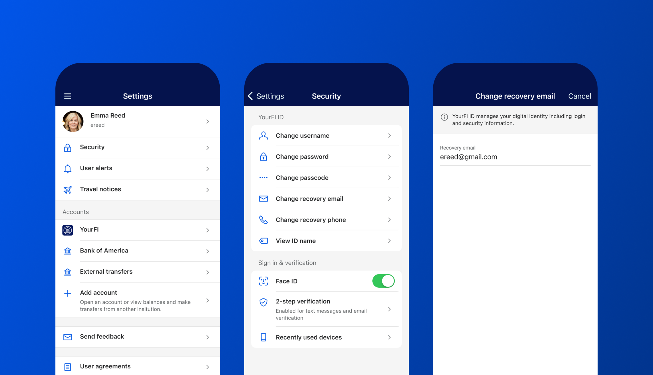 Screenshots of Unified Identity Service 'Security,' 'Settings,' and 'Change recovery email' screens.