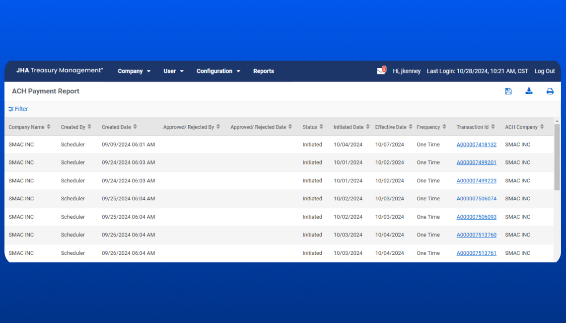 Screenshot of Treasury Management ACH details feature