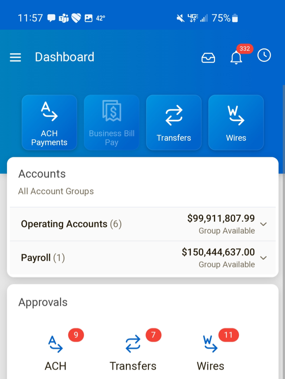 Screenshot of the dashboard in Treasury Management PWA (in beta).