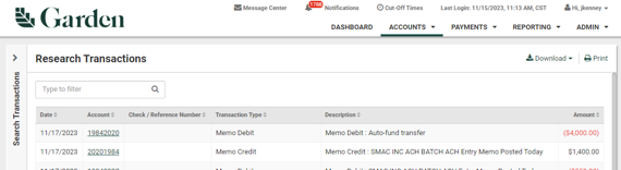 Screenshot of the Treasury Management type-to-filter feature.