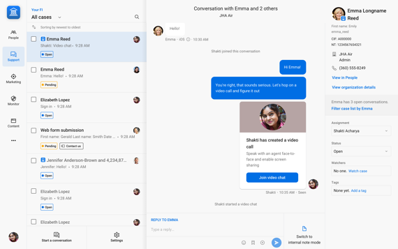 Screenshot of a newly created video chat room in Banno Support.