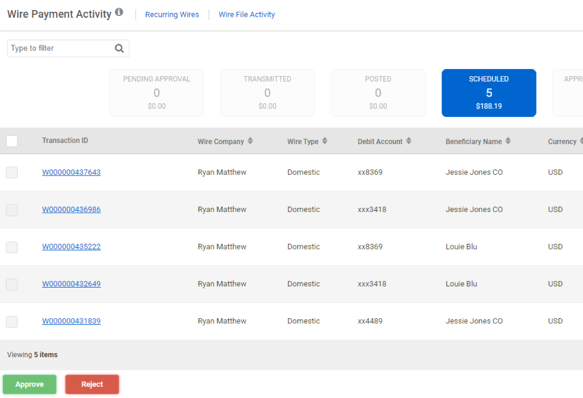 Screenshot of Wire Payment Activity report with new filters.
