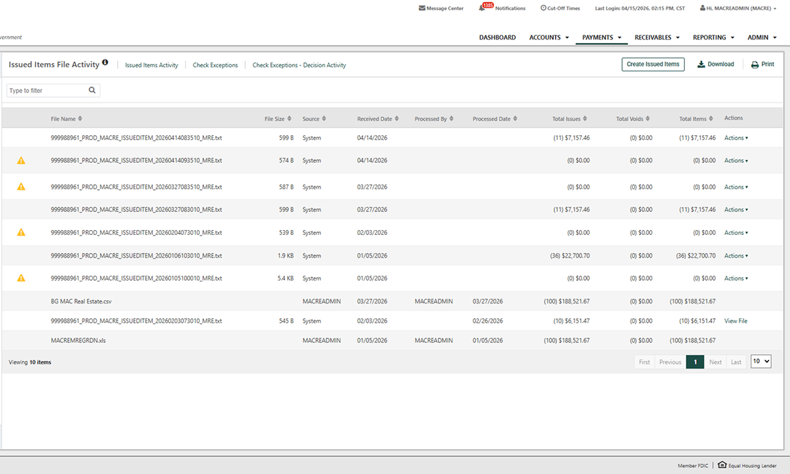 Issued Items File Activity for Positive Pay