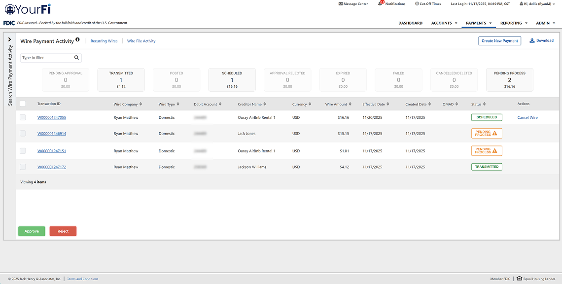 Treasury Management Enhancements to Internal Loan Payments and Wire Statuses